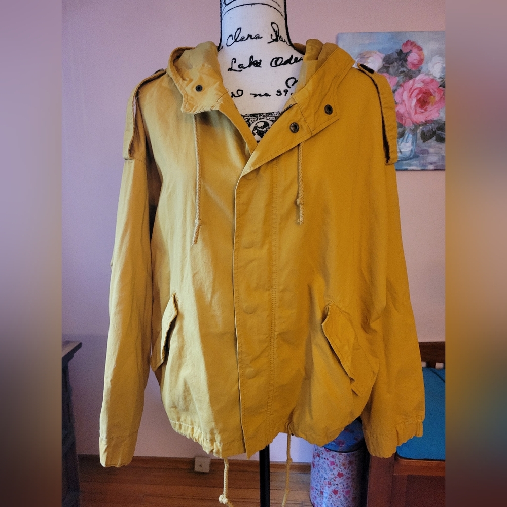 Forever 21 Mustard Yellow Hooded Cargo Jacket, Drawstring Hem, EUC L, Juniors - Picture 2 of 11